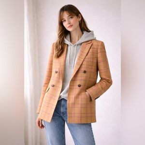 Maeve Victoria Oversized Plaid Double-Breasted Blazer Jacket Honey/Miel XS NWT